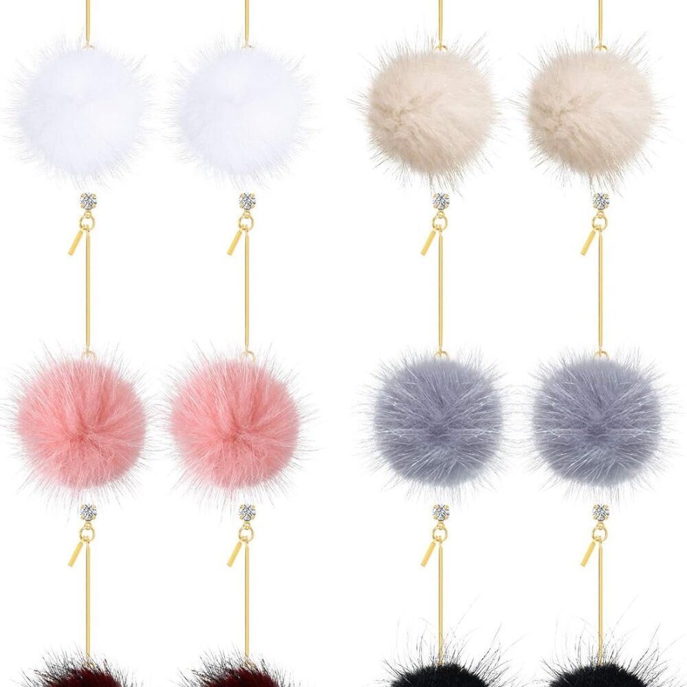 6 Pairs Ball Earrings Pom Pom Faux Fur Jewelry Dangle Puff Ball Earrings for Wom